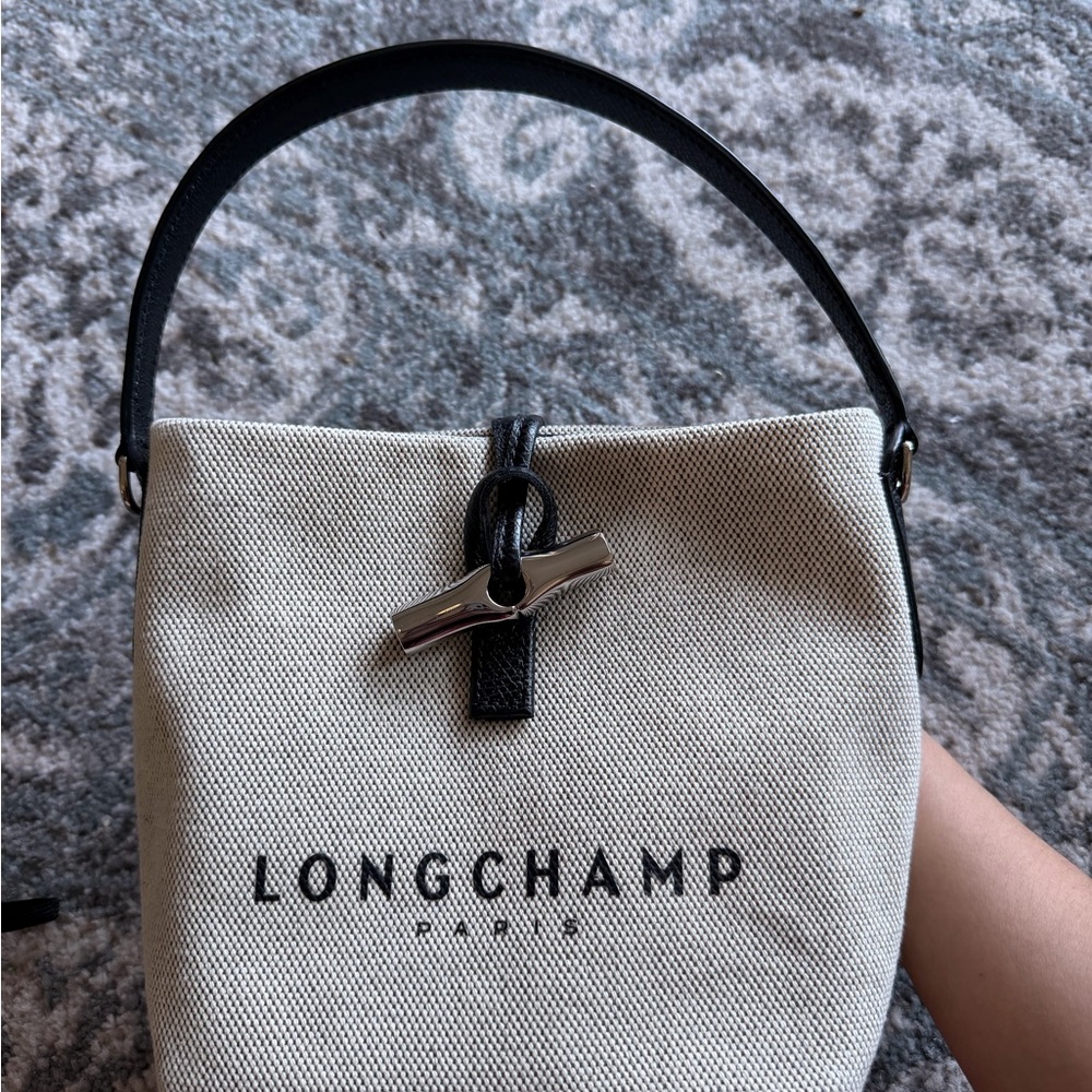 Longchamp Cream Canvas “bucket” Bag with Black Trim
